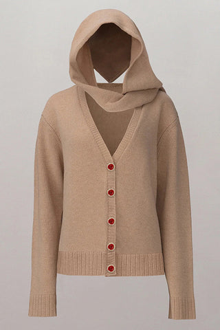 V-neck button scarf-style single hood long-sleeved knitted sweater