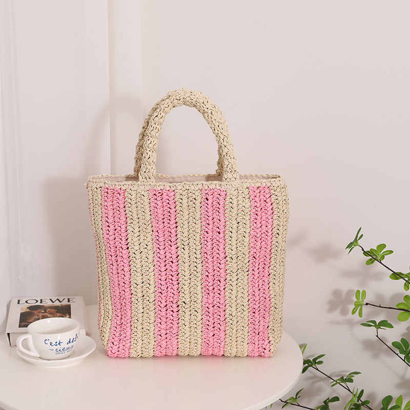Sac en paille français à rayures verticales Sac en paille de couleur contrastée portable Sac pour femme Sac de plage de vacances en bord de mer 