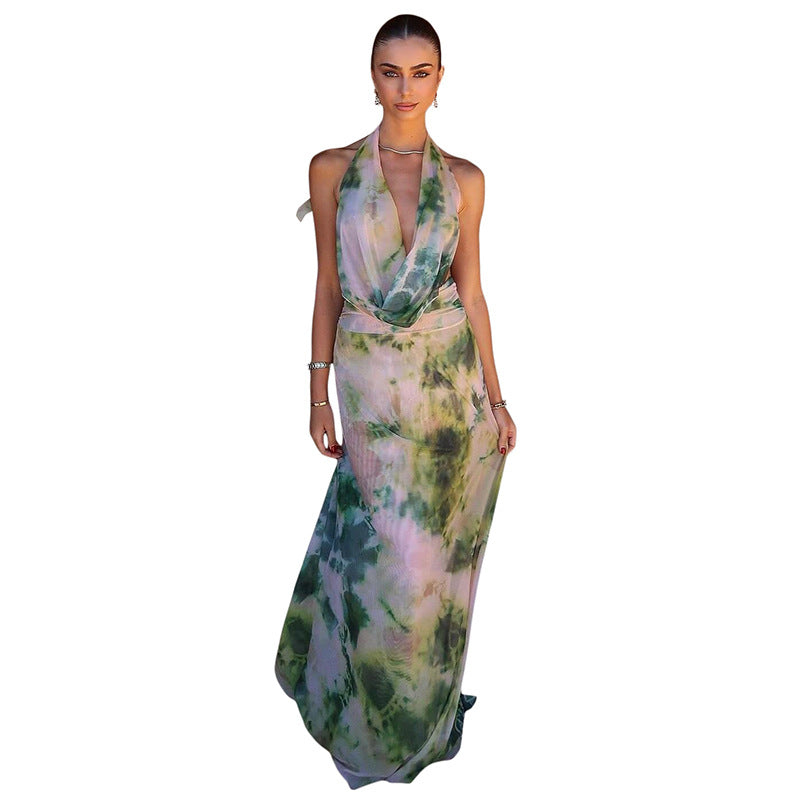 Large Backless Strappy Pleated Long Dress Suit
