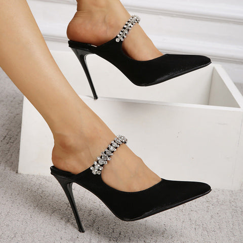 French Rhinestone Pointed Toe Mary Jane Shoes One Strap Heel Shoes