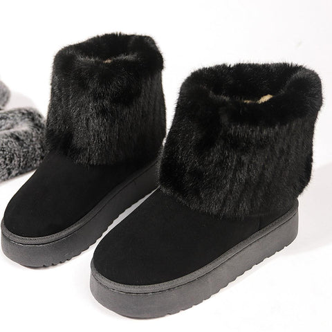 Dicke Sohle, runder Kopf, umklappbar, pelzige kurze Schneestiefel, Muffin-Sohle, dickere Thermo-Schuhe mit Baumwollpolsterung 