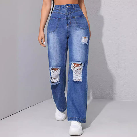 Zerrissene Jeans mit hoher Taille, schlankmachende gerade Fronttasche, kleine Hose mit geradem Bein