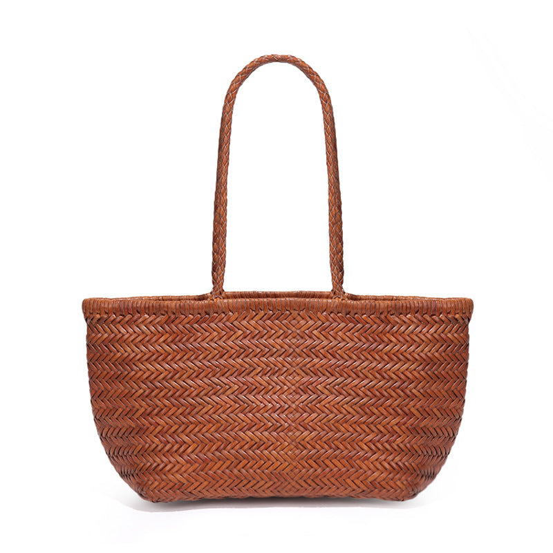 Vegetable Basket Bag Hand Woven First Layer Cowhide Leather Retro Hand Carrying Combination Tote Rattan Weave Bag