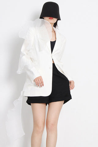 Sheer Mesh Ruffled Irregular Loose Fit Trench Coat - White