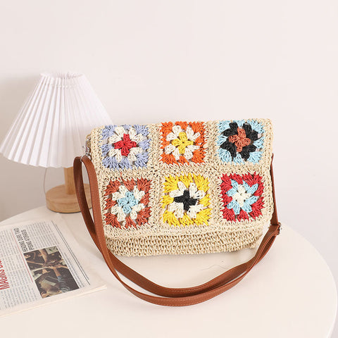 Sac à bandoulière en paille à carreaux pour grand-mère Sources Sac de plage en paille à une épaule de couleur contrastée 