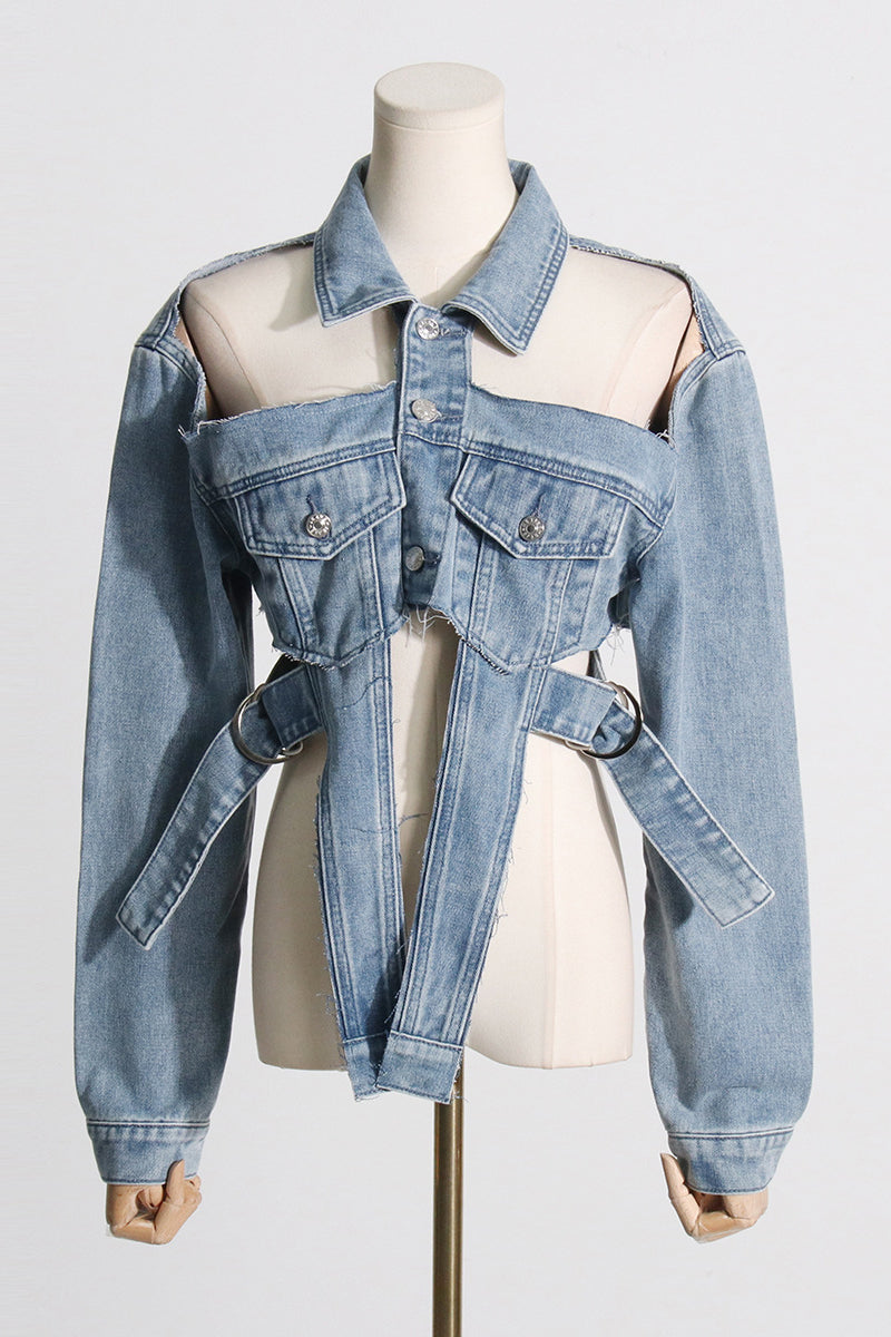 Open Shoulder Irregular Style Crop Denim Coat