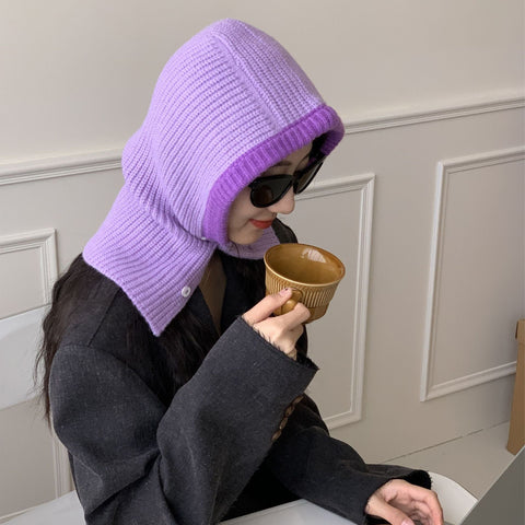 Internet Celebrity Stitching Button Balaclava Thermal Knitting Scarf Hat