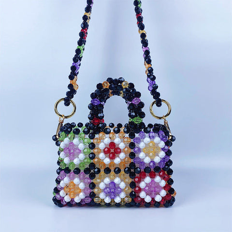 Handmade Beaded Bag Color Beads Bag Plaid Popular Pearl Hand Crossbody Bag