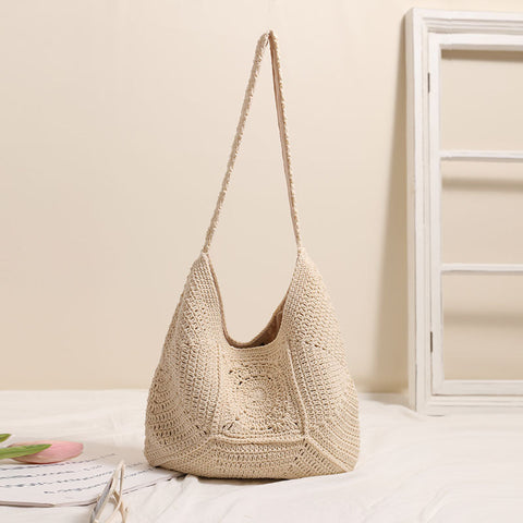 Sac à bandoulière simple de haute qualité, grande capacité, fil de coton, ajouré, découpé, sac de paille floral, sac de plage de vacances 