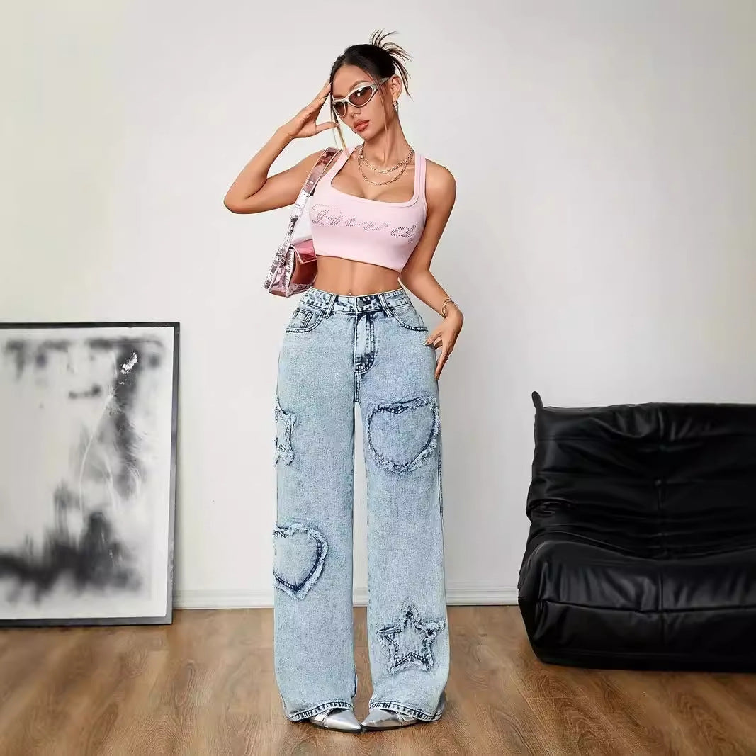 Retro Jeans Street Fünfzackigen Stern Stickerei Baggy Gerade Hose Hohe Taille