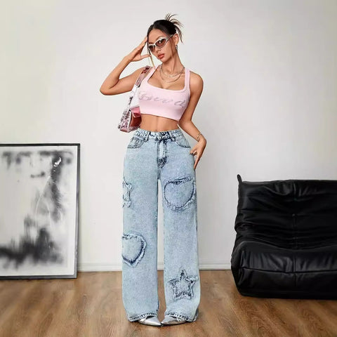 Retro Jeans Street Fünfzackigen Stern Stickerei Baggy Gerade Hose Hohe Taille