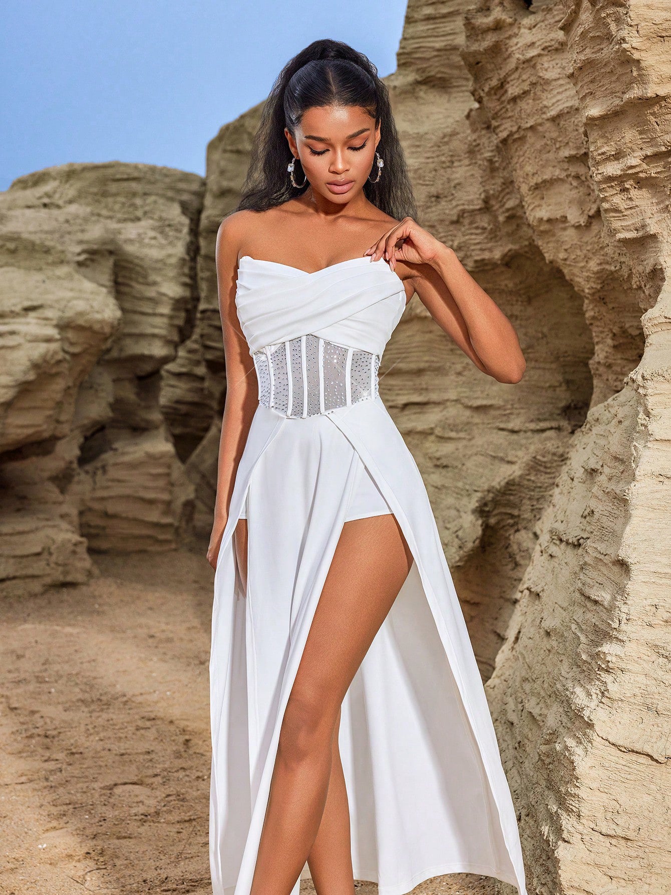 Backless Cross Strapless Rhinestone High Slit Long Dress