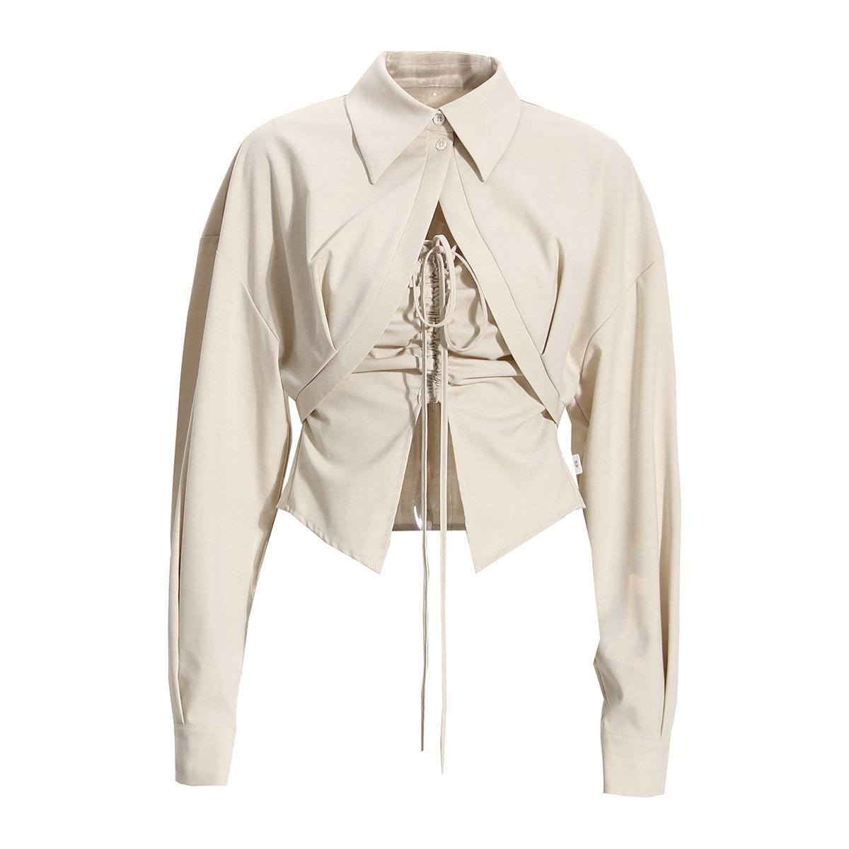 Chic Folded Collar Long Sleeve Drop Shoulder Frill Curved Hem Crop Shirt - Suit