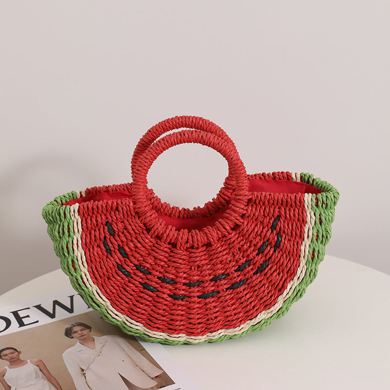 Fresh Candy Colored Watermelon Portable Straw Weaved Bag Cute Fruit Seaside Vacation Beach Bag