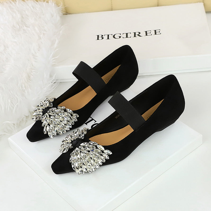 KoreanLight Luxury Elastic Band Slip on Low Heel Shoes Dazzling Rhinestone Bow Wedge Shoes