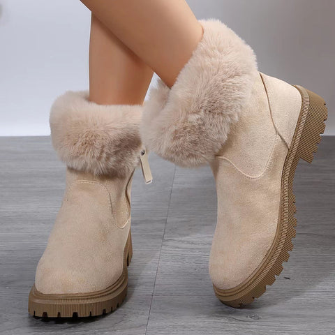 Mid Calf Length Snow Boots Fur Mouth Side Zipper Low Heel Cotton Padded Shoes