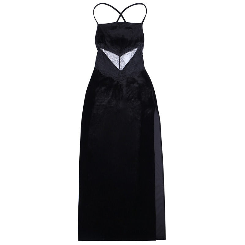 Lace And Velvet Patchwork Slit Backless Dress Luis Shop Lace And Velvet Patchwork Slit Backless Dress Luis Shop