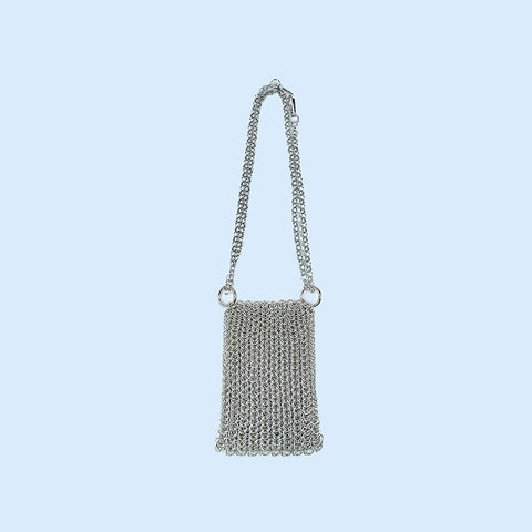 Metall glänzende handgewebte Kettenhemd-Handytasche Crossbody Mini Hollow Out Cutout Kleine Tasche Exquisiter leichter Luxus 