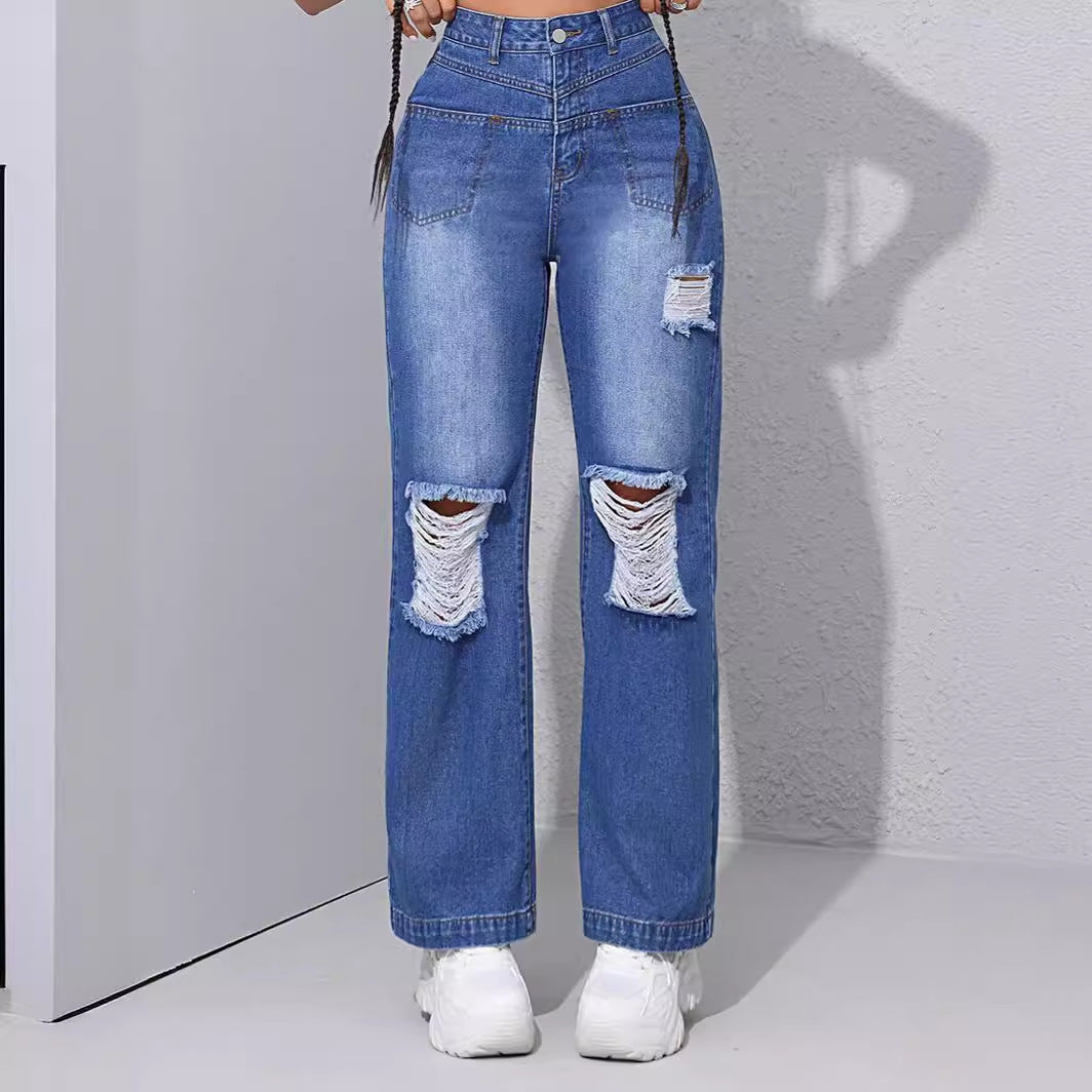 Zerrissene Jeans mit hoher Taille, schlankmachende gerade Fronttasche, kleine Hose mit geradem Bein