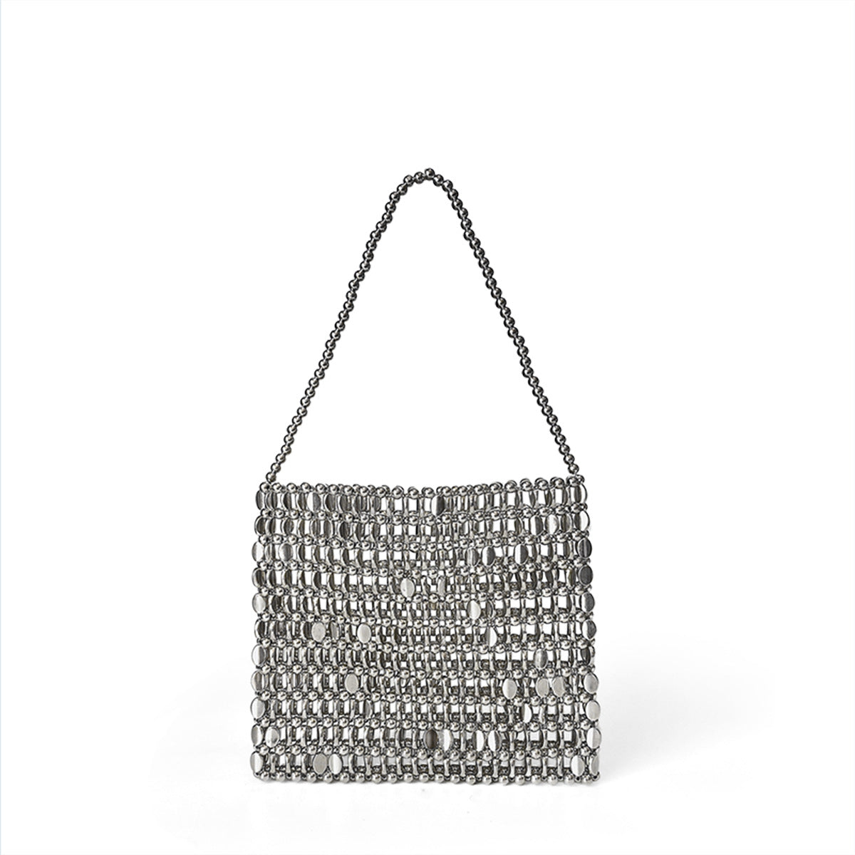 Shiny Metal Silver Handmade Beaded Bag Beads Sequ Handmade Woven Mobile Phone Bag