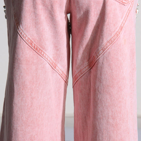 Crystal Cut-Out Straight Jeans - Pink