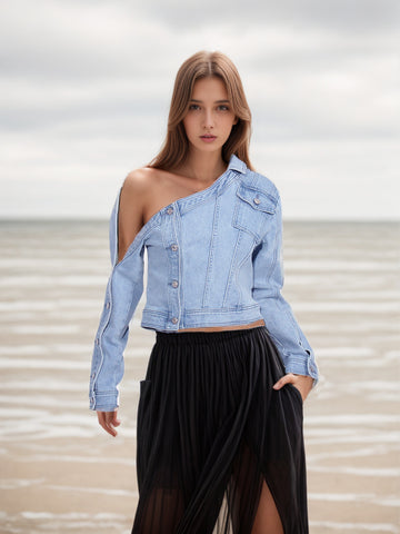 One-Shoulder Long-Sleeved Button-Down Denim Jacket