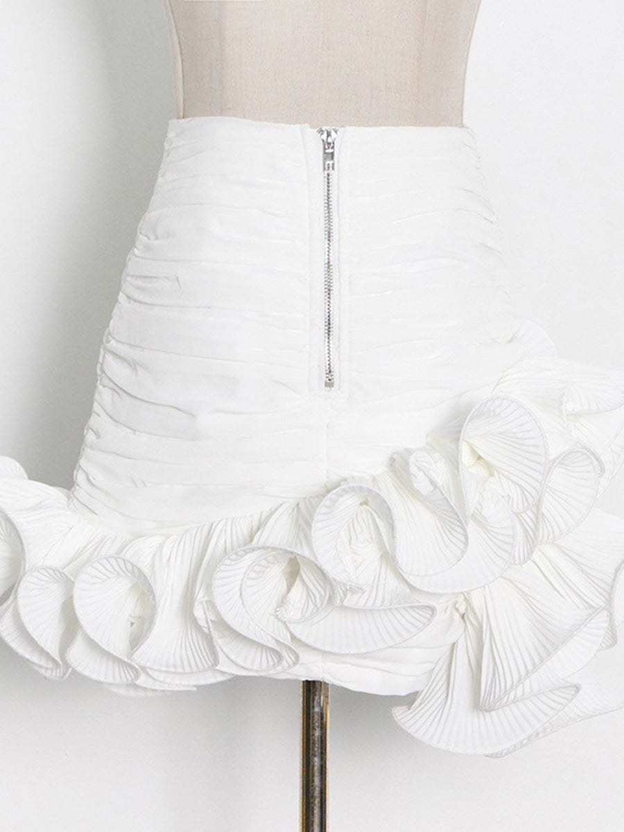 High waist pleated asymmetric hem ruffle skirt