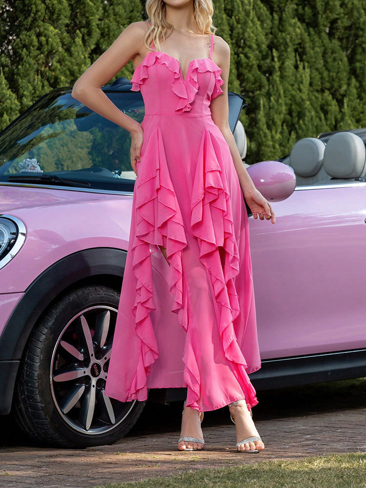 Strapless V-neck ruffled backless evening dress