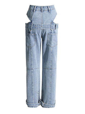 Blue Cut Out Wide Leg Jeans with Buckle