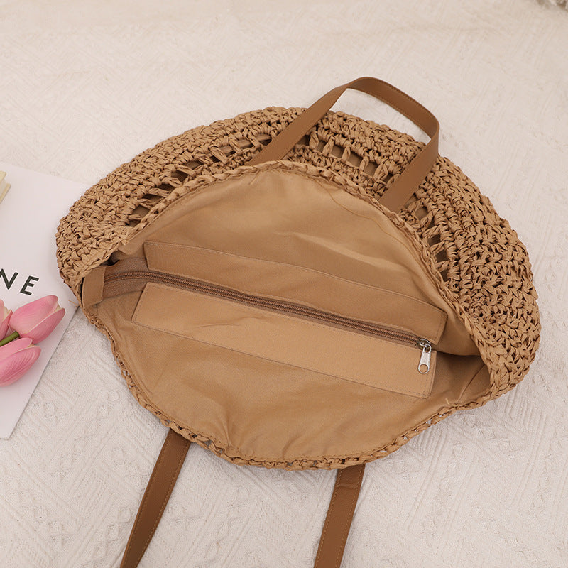 Sac de paille rond à une épaule, sac de plage décontracté en paille ajouré et découpé pour bord de mer 