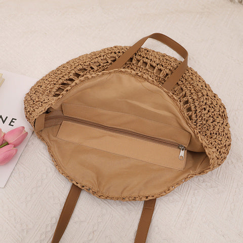 Sac de paille rond à une épaule, sac de plage décontracté en paille ajouré et découpé pour bord de mer 