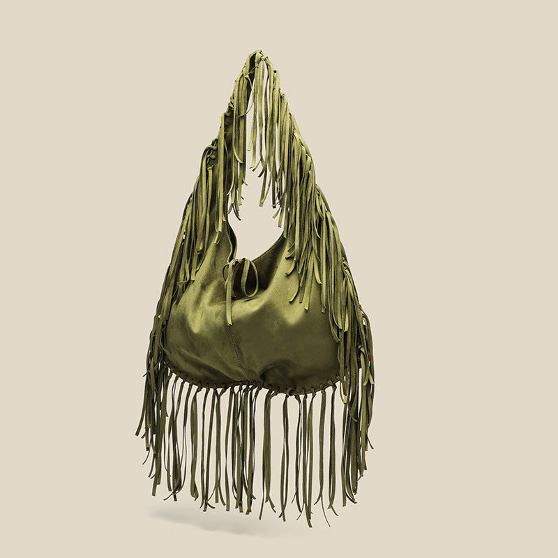 Sac fourre-tout à pompon de grande capacité en forme de croissant, tendance, une épaule, décontracté, simple, bandoulière, en daim, style rétro 