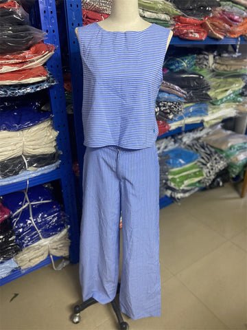 Blue Striped Sleeveless Top Baggy Straight Trousers Two Piece Set