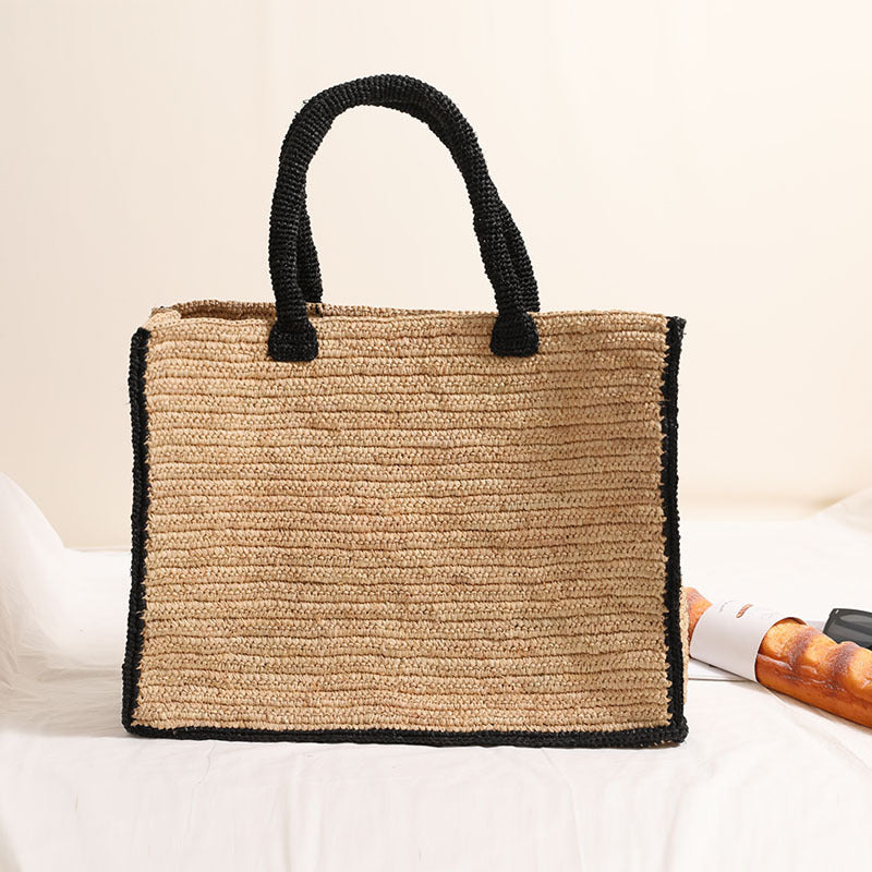 Sac carré en paille raphia avec bord noir, sac fourre-tout tissé de grande capacité pour les vacances et la plage 