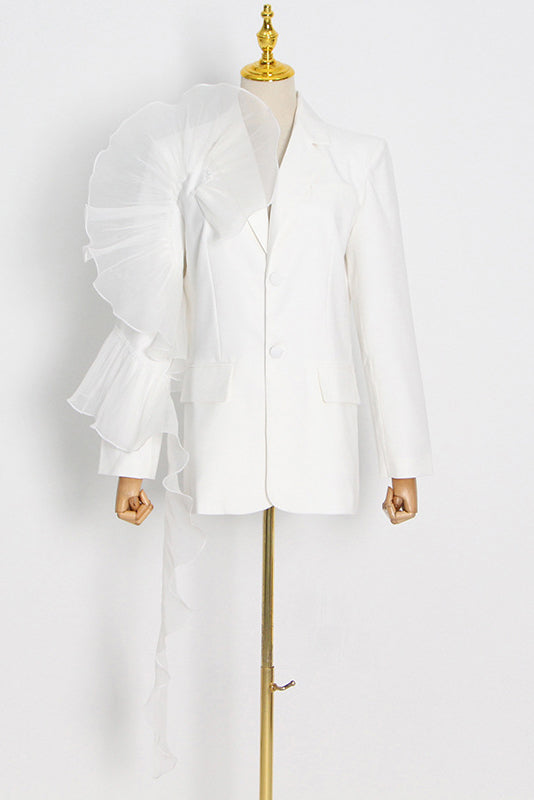 Sheer Mesh Ruffled Irregular Loose Fit Trench Coat - White