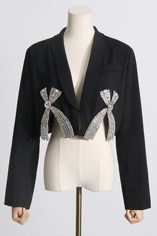 Long Sleeve Rhinestone Bow Hip Skirt Suit