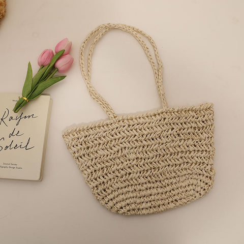 Sac à bandoulière en paille simple et ajouré pour femme, sac de plage, de vacances, de plage, portable et doux 