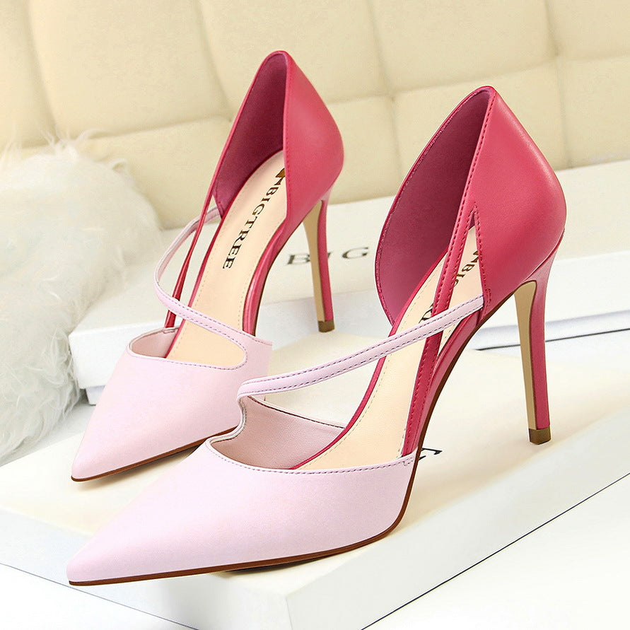 Chaussures à talons hauts doux, talons hauts, coupe basse, bout pointu, colorblock, découpe creuse, sangle, chaussures skinny 