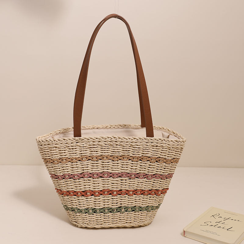 Sac à bandoulière en paille française à rayures colorées, sac de plage de grande capacité pour vacances en bord de mer 