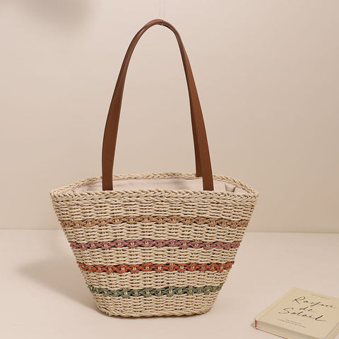Sac à bandoulière en paille française à rayures colorées, sac de plage de grande capacité pour vacances en bord de mer 