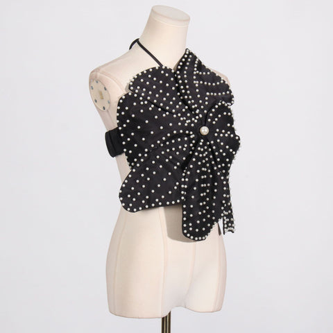 3D Flower Pearl Embellished Halter Top - Black