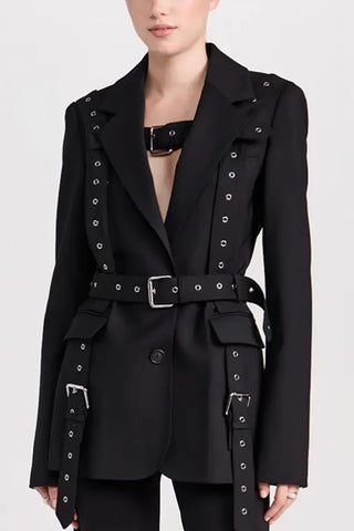 STRAPPY BUCKLE BELT LAPEL SINGLE BREASTED BLAZER