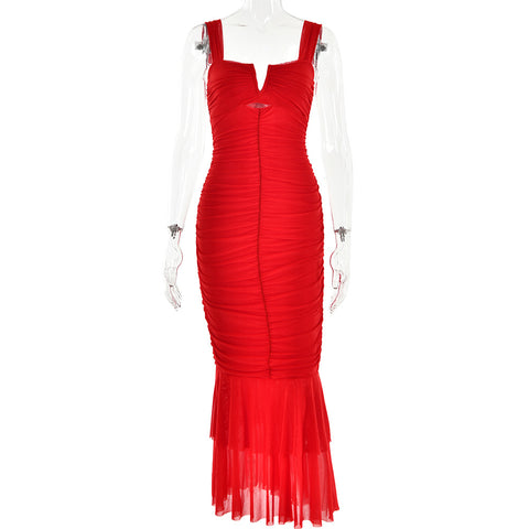 Spaghetti-strap pleated fishtail dress