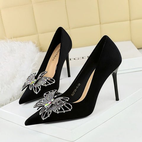 Shining Color Double Layer Bow Decoration High Heels Suede Super High Heel Shallow Mouth Shoes