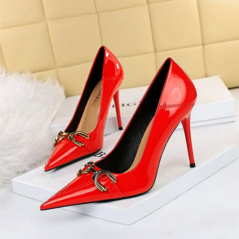 High Heels Shoes Stiletto Heel Shiny Patent Leather Shallow Mouth Pointed Office High Heel Metal Belt Buckle Pumps