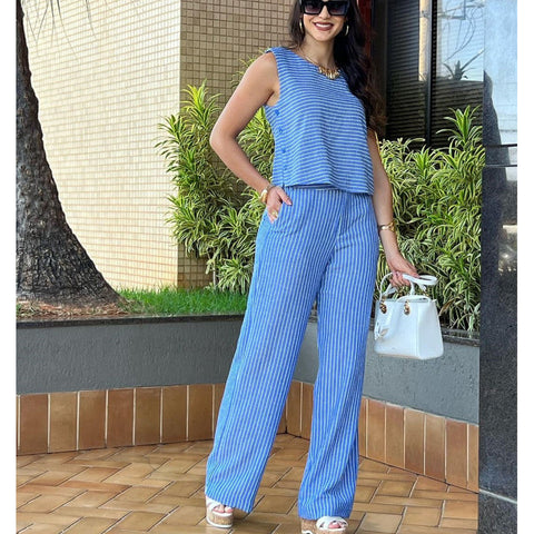 Blue Striped Sleeveless Top Baggy Straight Trousers Two Piece Set