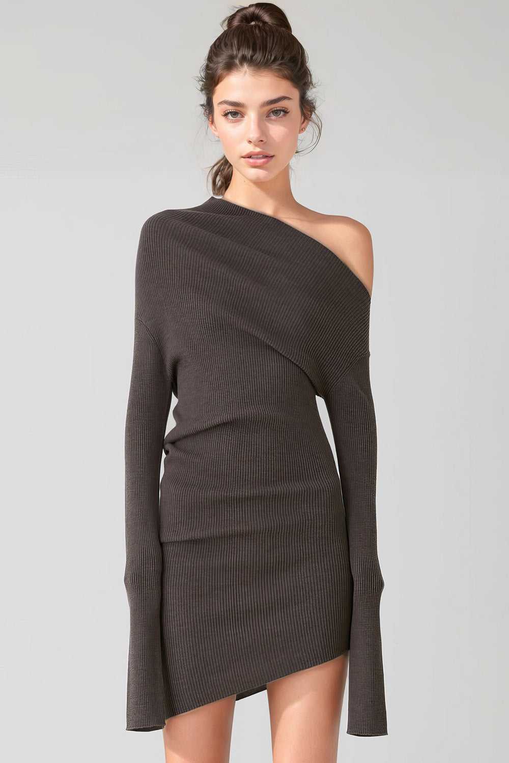 Curved Multi-wear Wool Knit Dress - Coffee Color