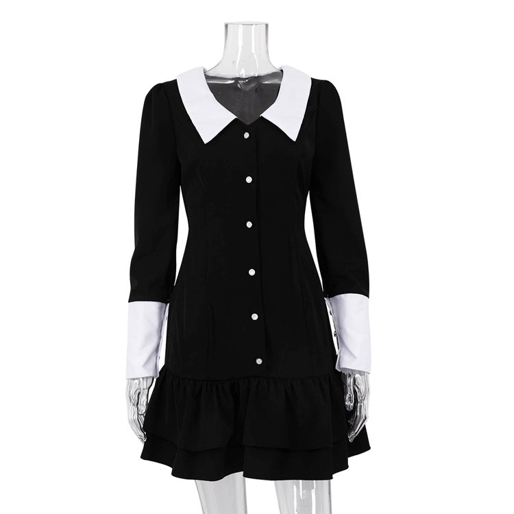 Französisches schwarzes Kleid Colorblock Kragen Schlankheits-Hüfttasche Kleid Damen