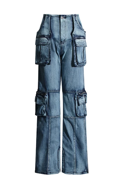 Patchwork high waist overalls loose jeans