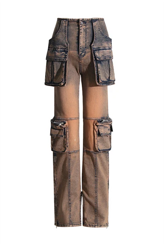 Patchwork high waist overalls loose jeans